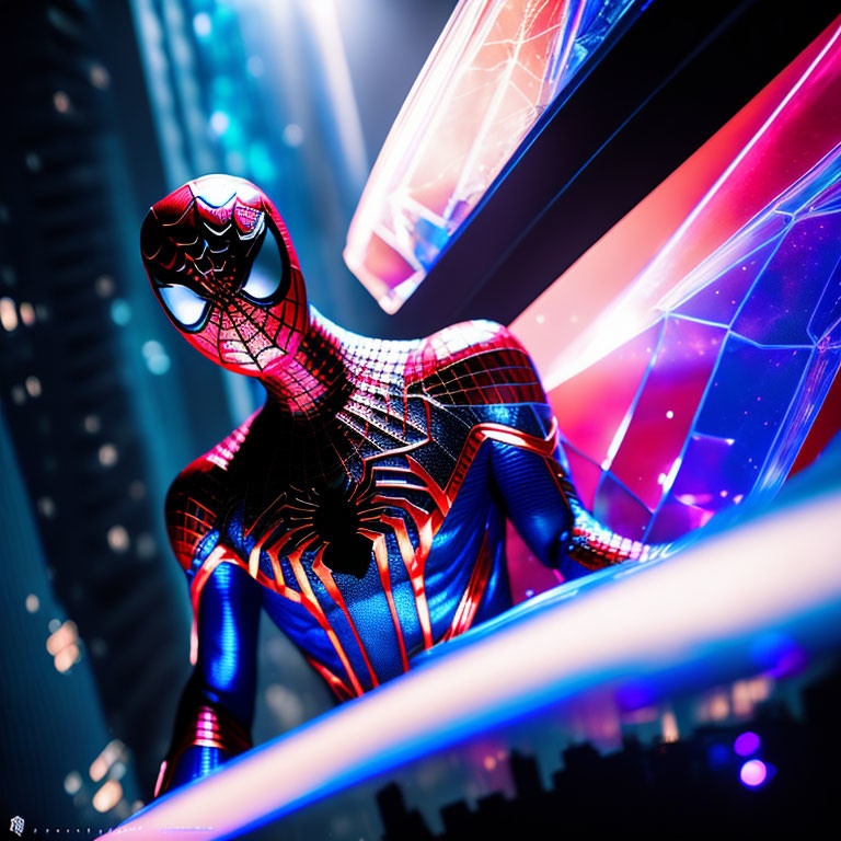 Spider-Man in black and red suit on neon-lit cityscape