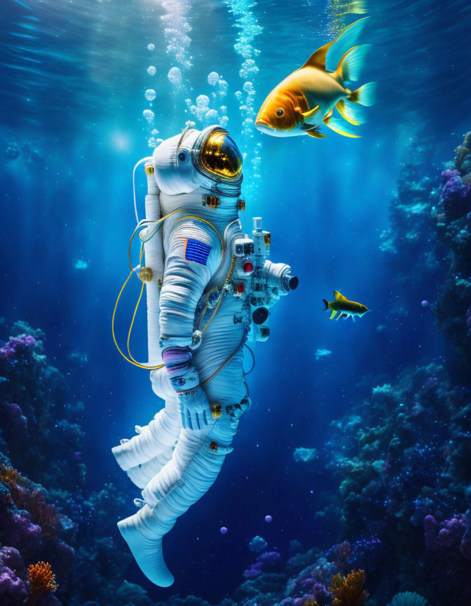 Astronaut underwater surrounded by fish and coral reef