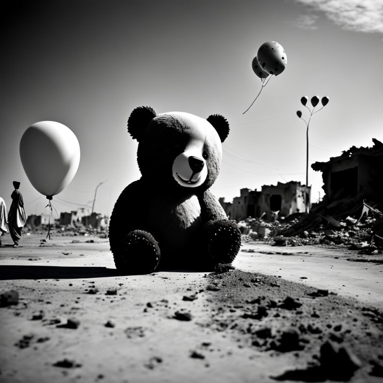 Monochrome image of teddy bear with balloons in rubble, person walking in background