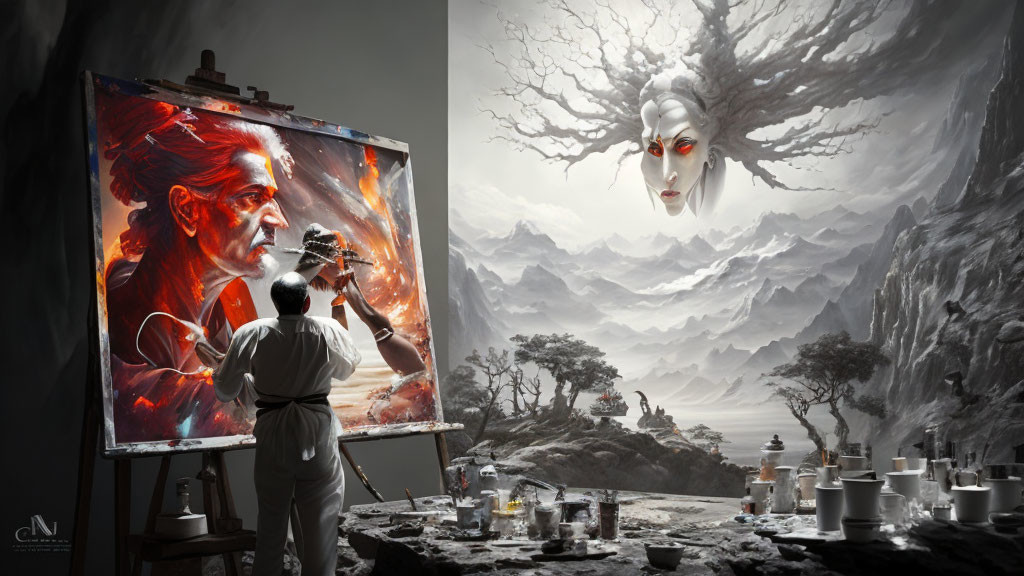 Artist paints fiery portrait with floating spectral face over serene mountain landscape.