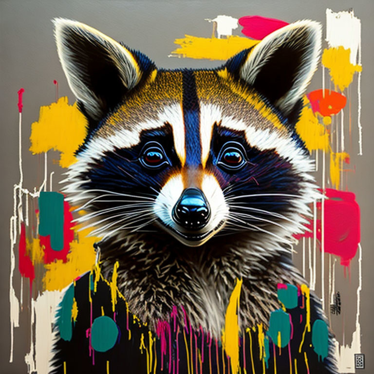 Vibrant abstract raccoon painting with colorful drips on grey background