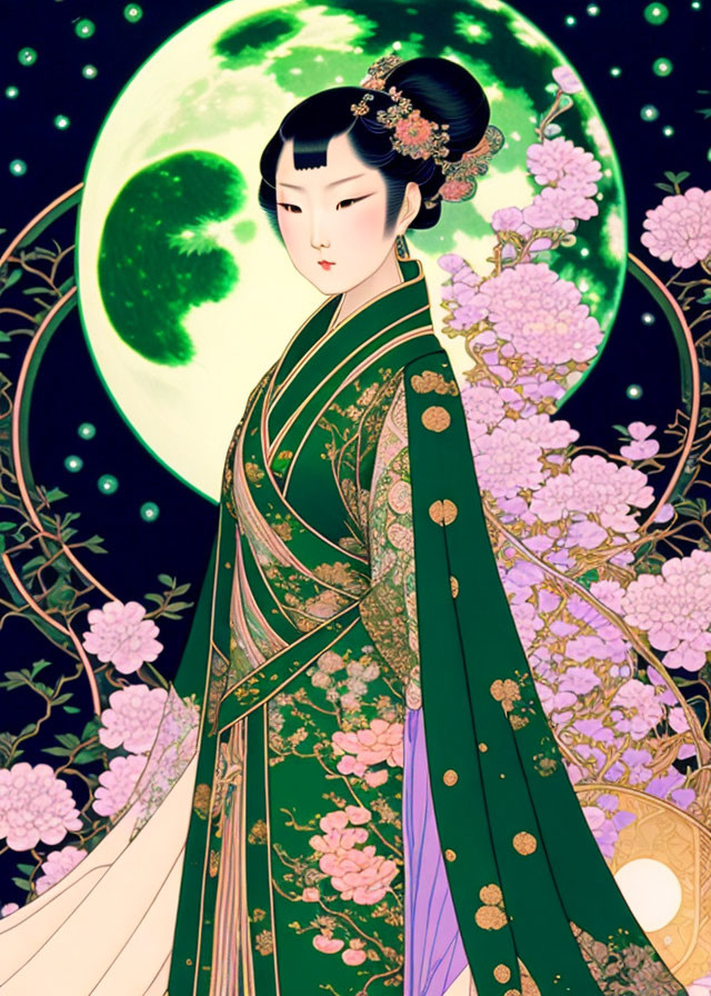 Traditional Asian Attire Woman Illustration with Moon and Floral Patterns