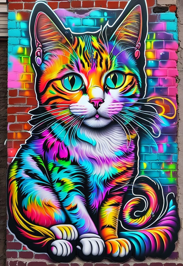 Colorful Cat Mural with Rainbow Hues on Brick Wall