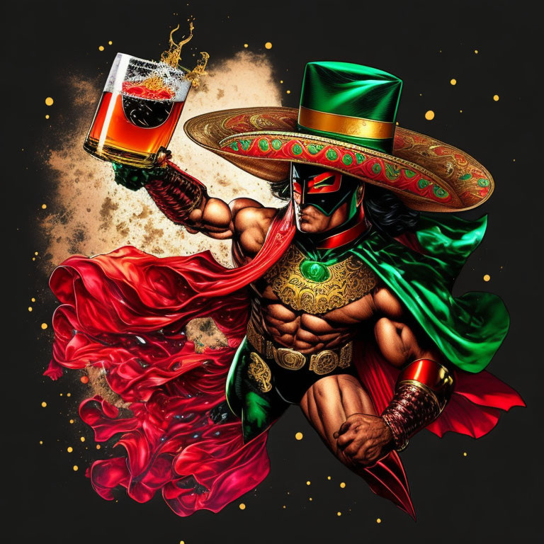 Muscular superhero in green sombrero toasting with beer in vibrant illustration