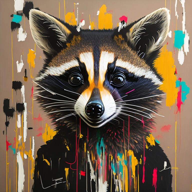 Vibrant Paint Splatter Raccoon Face on Beige Background