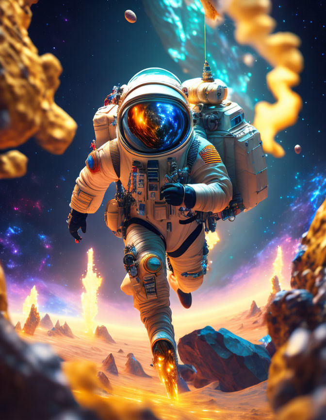 Astronaut with jetpack above rocky alien terrain & vibrant nebula