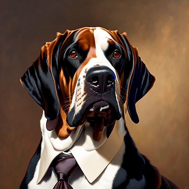 Digital artwork: Dog in white shirt and striped tie with thoughtful expression