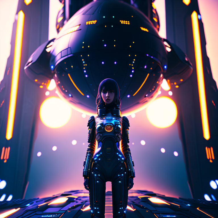 Futuristic female android with luminous suit in neon-lit setting