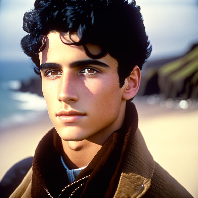 Portrait of a young man with dark curly hair and piercing eyes in a jacket by the beach