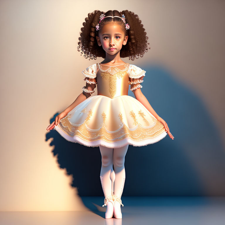 Digital artwork of young girl in white and gold ballet outfit standing en pointe