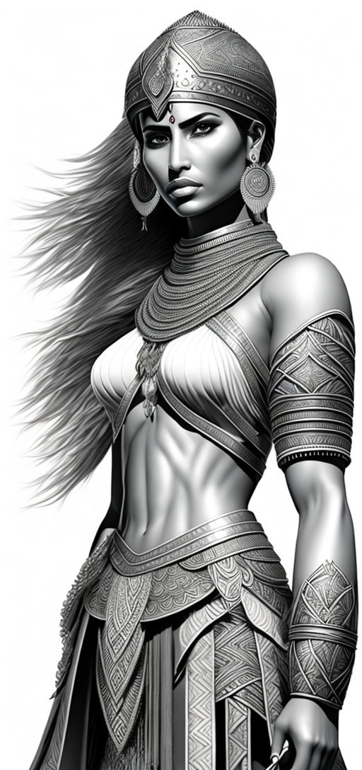 Detailed grayscale illustration of female warrior with flowing hair and intricate armor.