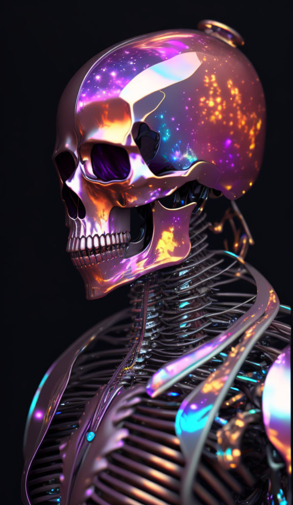 Futuristic digital artwork: skull and ribcage with cosmic neon lighting