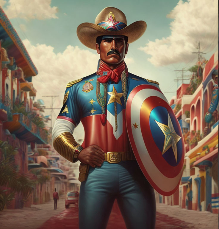 Colorful illustration of stern man in superhero outfit with sombrero, shield, and medals