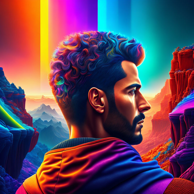 Vibrant illustration: man with neon hair & beard in colorful canyon landscape