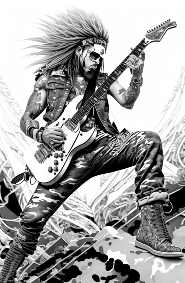 Dynamic guitarist in black and white illustration with long hair and electric guitar