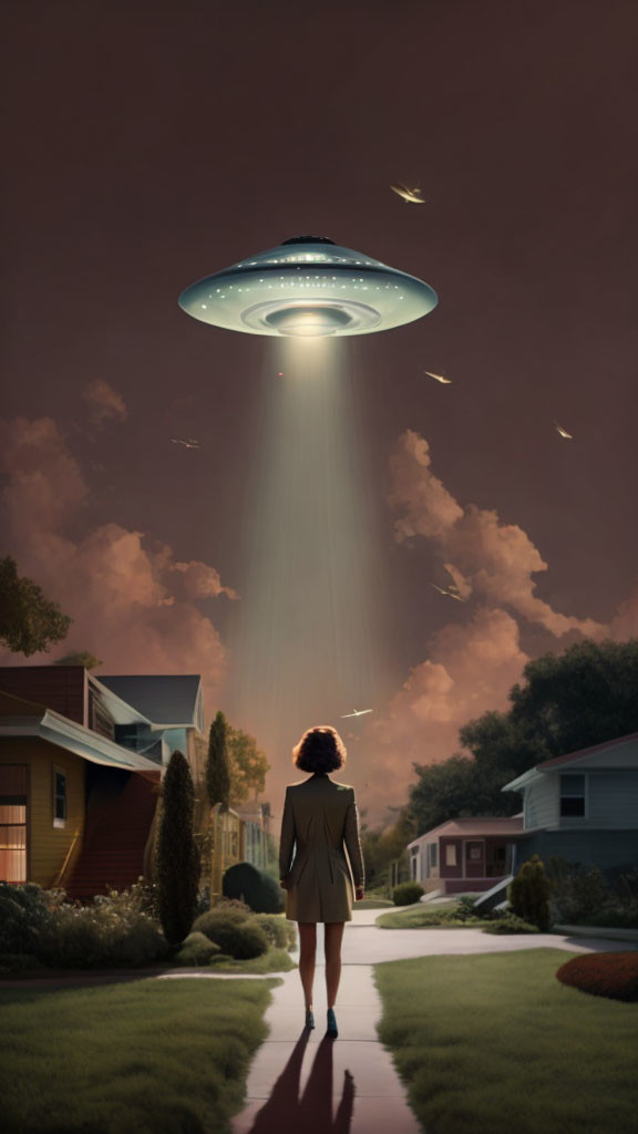 Woman watching large UFO with light beam in suburban neighborhood at dusk