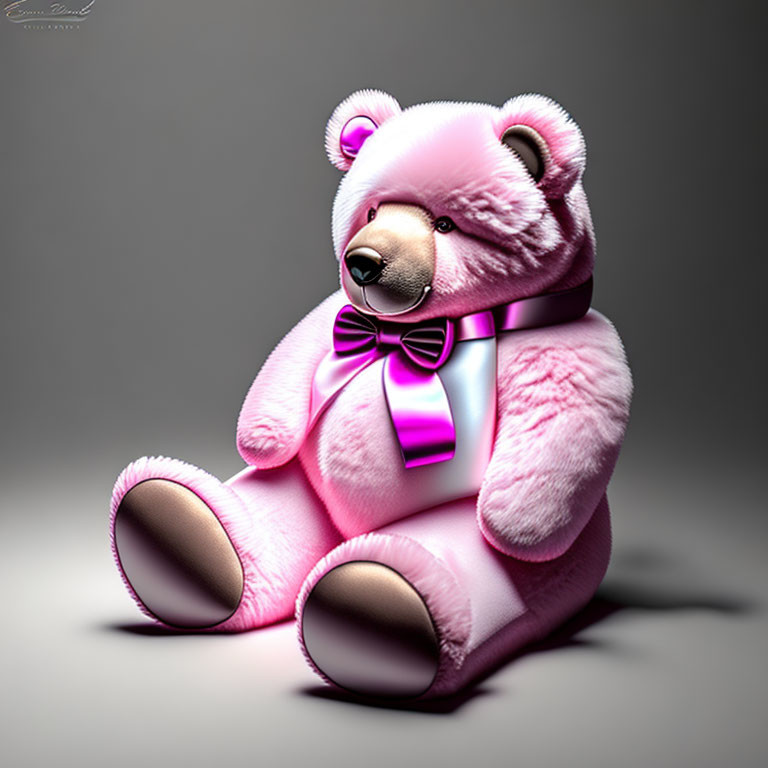 Pink Teddy Bear with Purple Bow Sitting on Dark Background