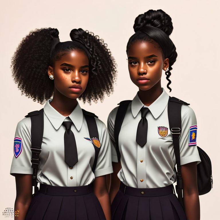 Two girls in uniform with badges and similar hairstyles.