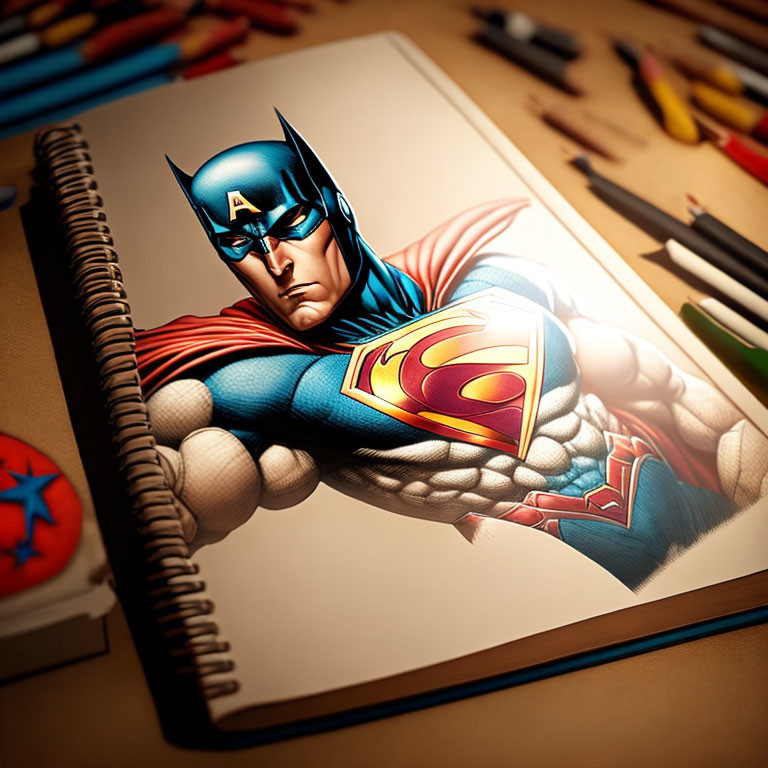 Superhero with Batman's cowl and Superman's costume on sketchpad surrounded by colored pencils