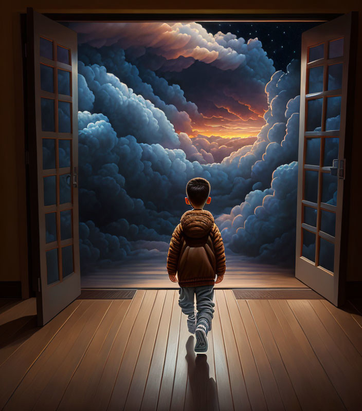 Child with backpack at open doorway gazes at surreal twilight sky with stars and clouds.