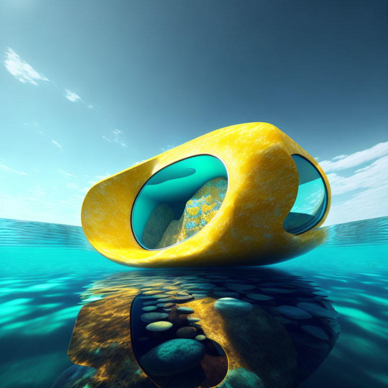 Yellow futuristic structure on blue water under bright sky