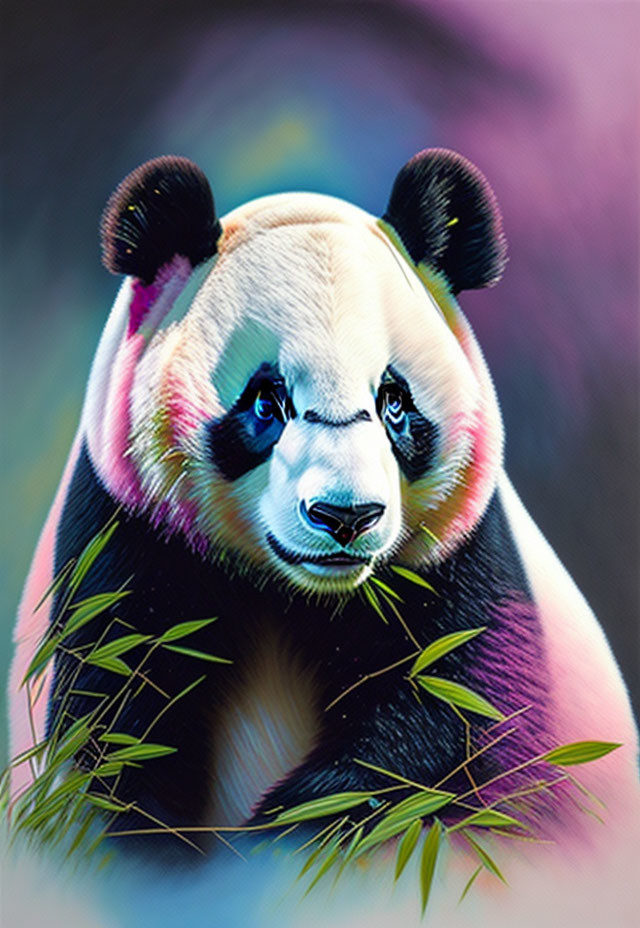 Vibrantly colored panda with bamboo in dreamy setting