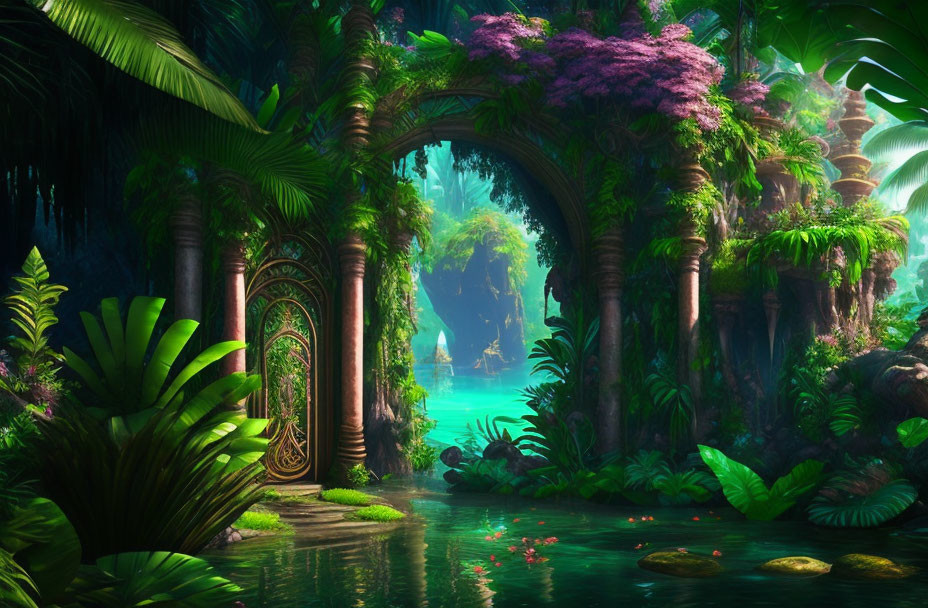 Mystical forest scene with lush greenery and turquoise river