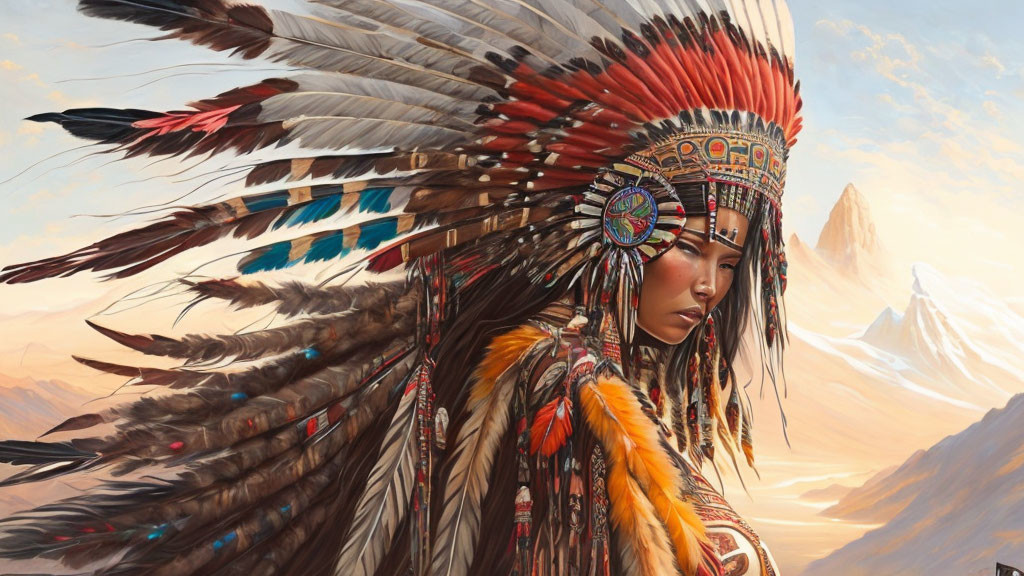 Person in Native American headdress with feathers, mountains, cloudy sky