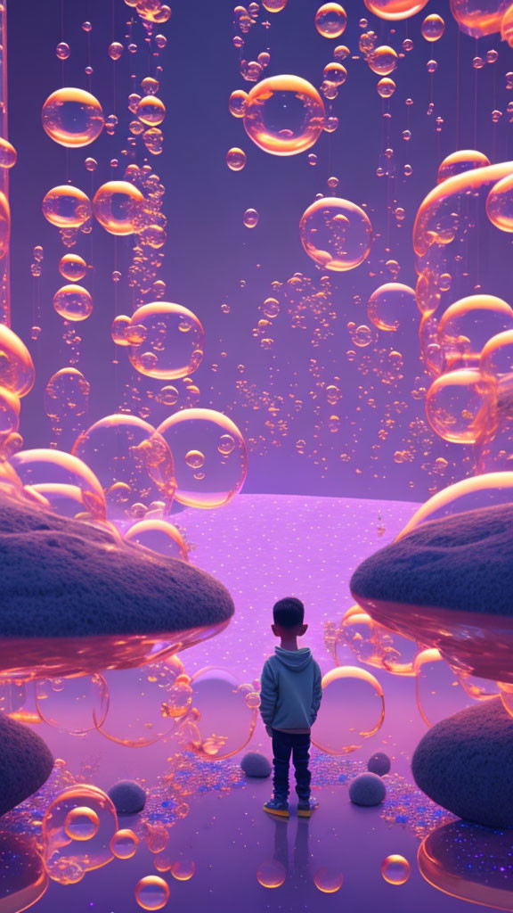 Child surrounded by floating purple and orange bubbles in dreamlike landscape