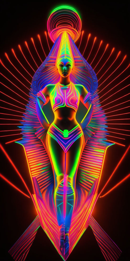 Neon-lit digital artwork of humanoid figure with vibrant contours