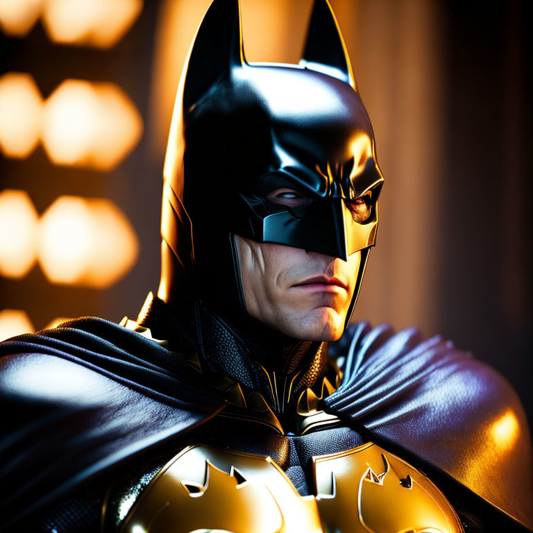 Detailed Batman costume with stern expression under warm lighting