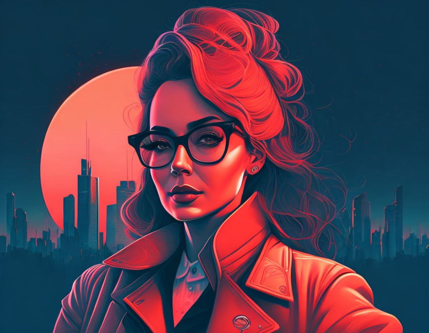 Neon-lit woman with glasses and updo in cityscape with moon