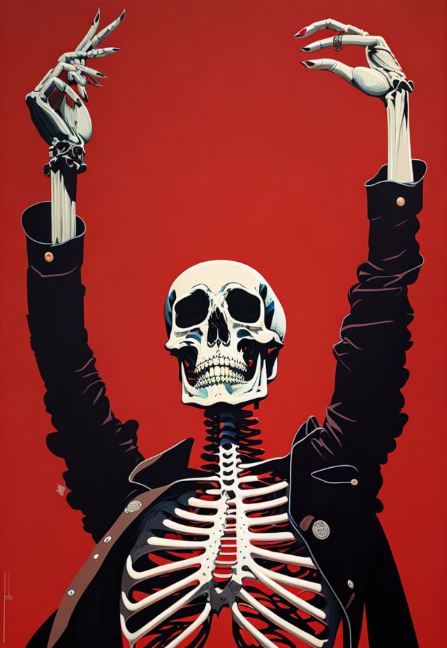 Skeleton in Black Suit with Raised Hands on Red Background