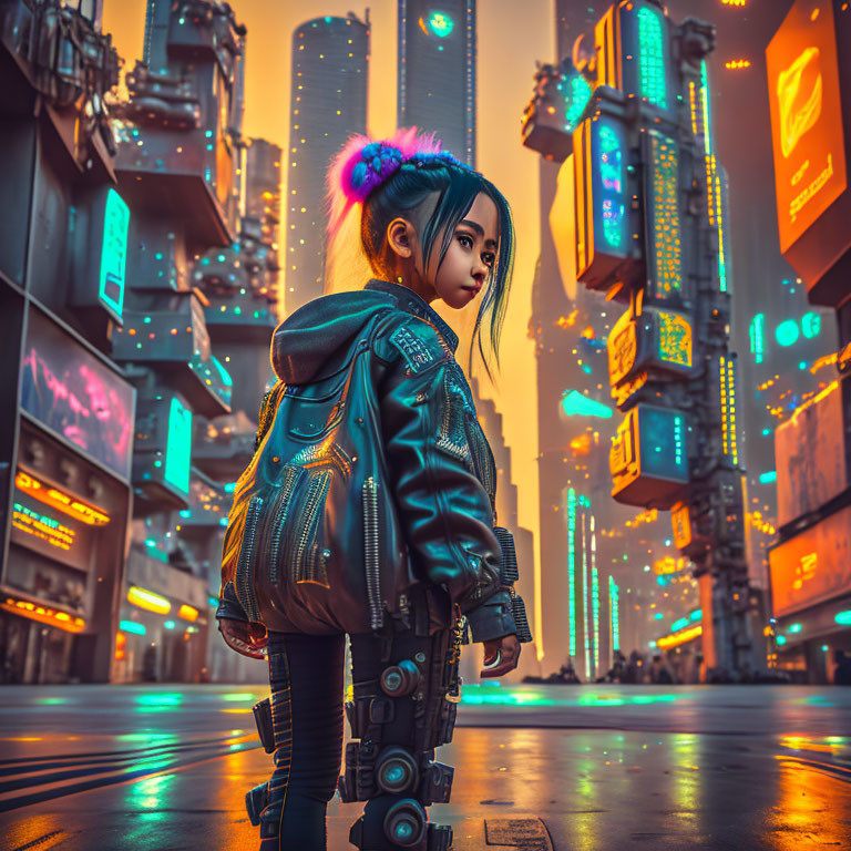 Colorful Hair Accessories on Young Girl in Futuristic Cityscape