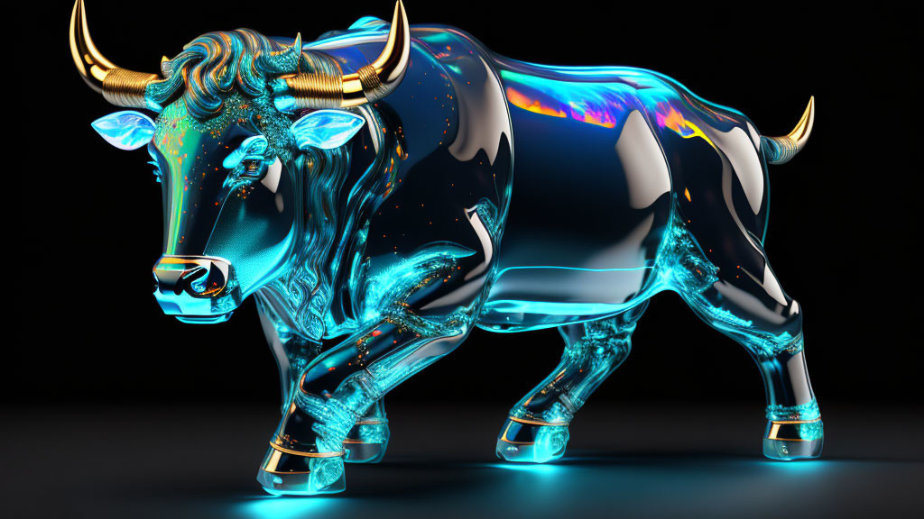 Shimmering iridescent bull sculpture with golden horns on dark background