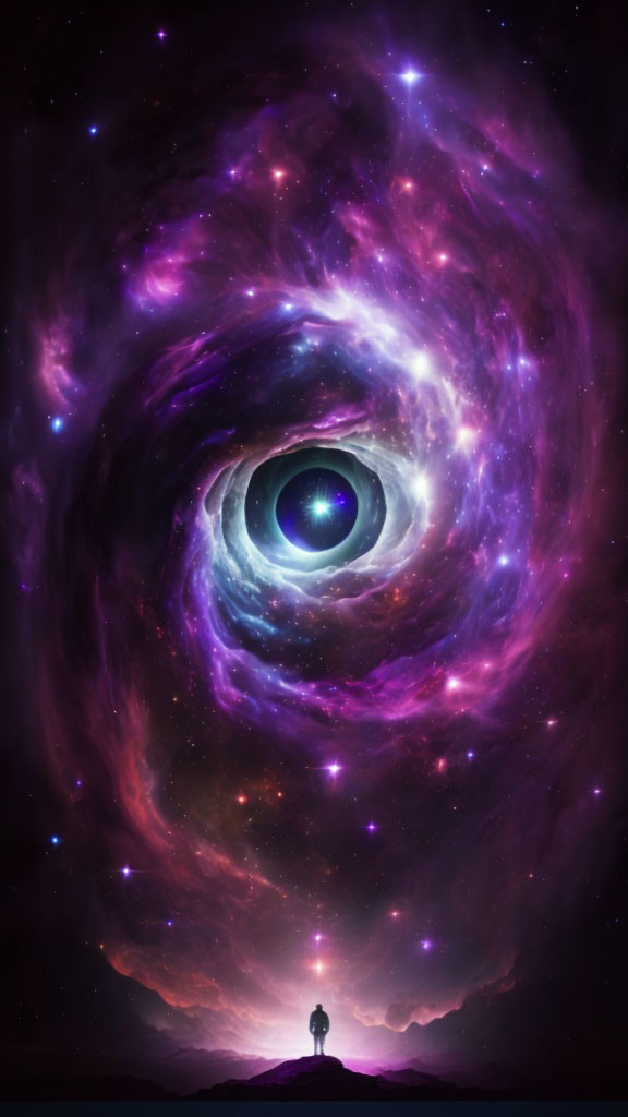 Person standing before vibrant purple and blue cosmic vortex