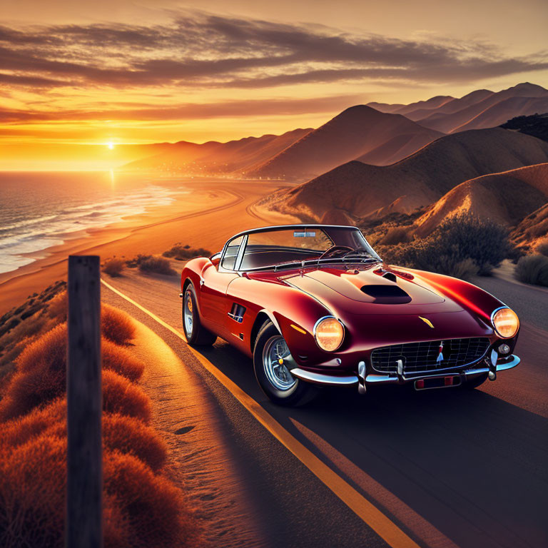 Red Sports Car Driving Coastal Road at Sunset