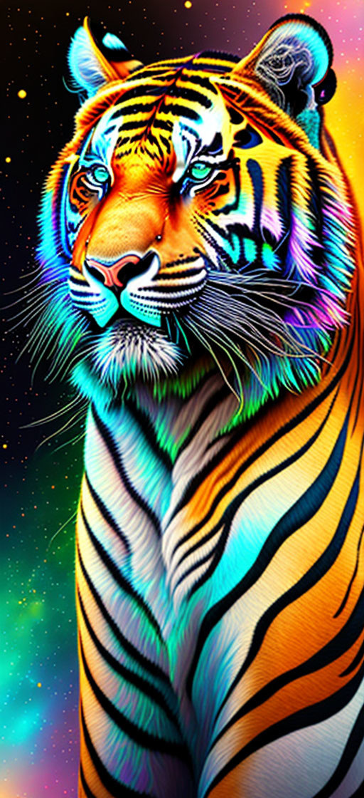 Vibrant neon-style tiger art with cosmic background