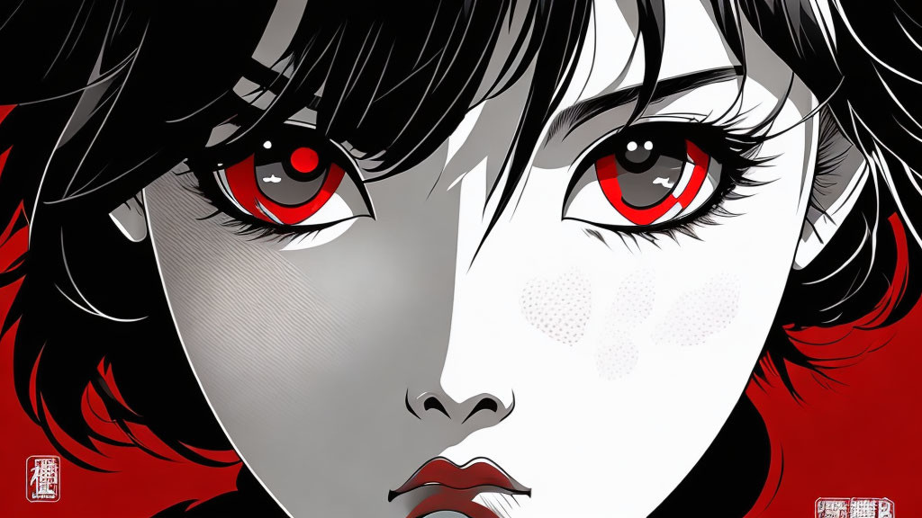 Detailed Anime Character Illustration with Red Eyes and Black Hair