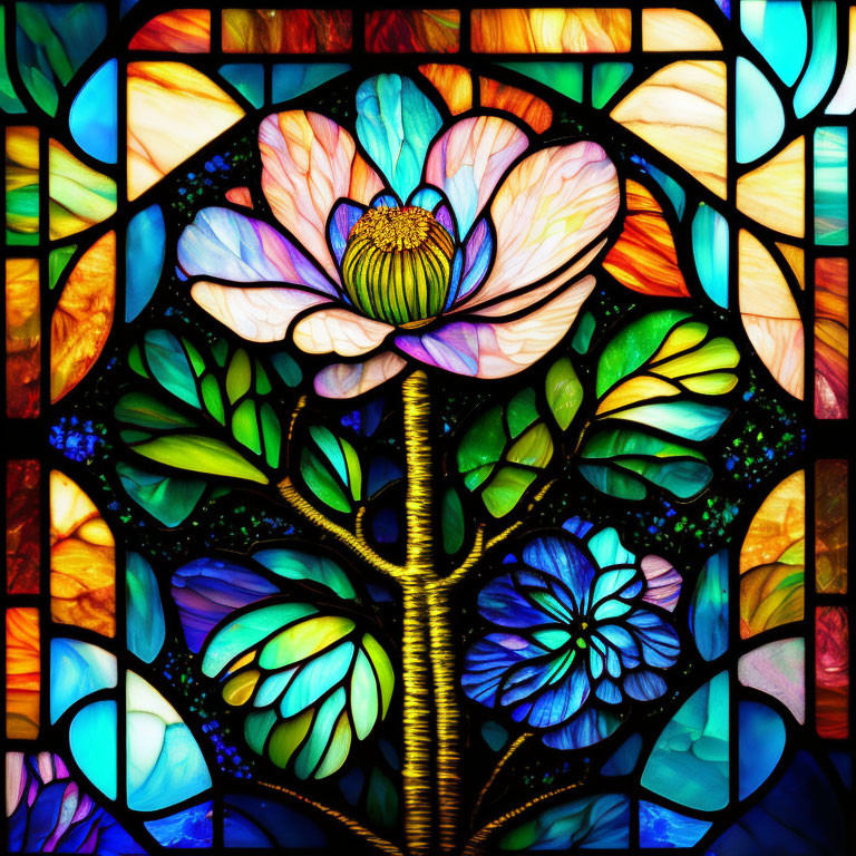 Colorful flower-themed stained glass window design with blue and green mosaic.