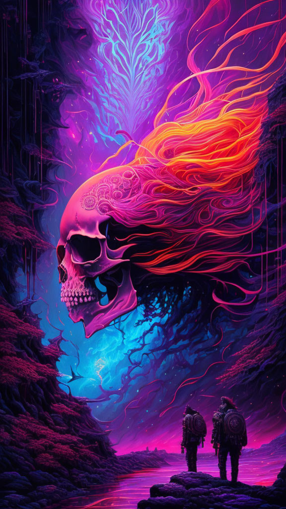 Colorful artwork: large skull, glowing patterns, figures on a path, mystical tree in ethereal