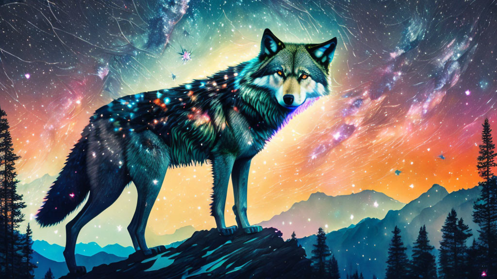 Majestic wolf on cliff under star-filled galaxy sky