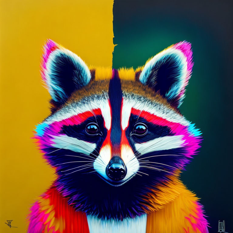 Vibrant raccoon painting with neon colors on yellow-green background