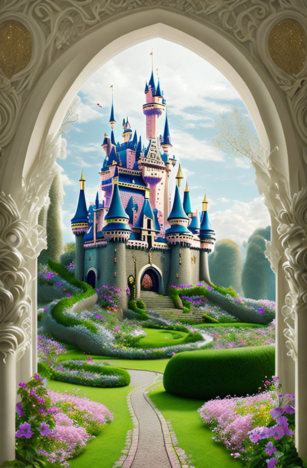 Ornate Arched Gateway to Magical Castle Amid Lush Greenery