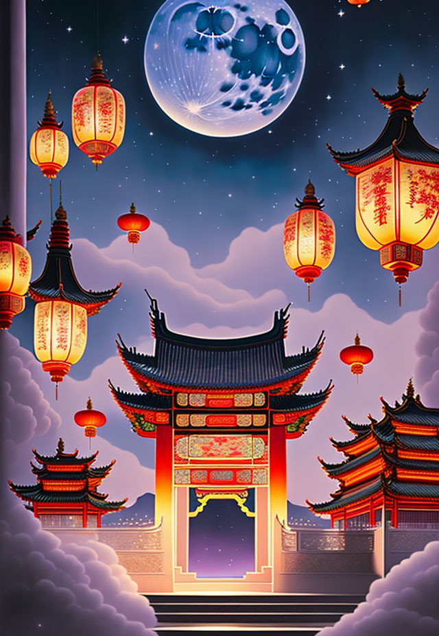 Traditional Chinese Gate with Red Lanterns Under Starry Night Sky and Detailed Moon