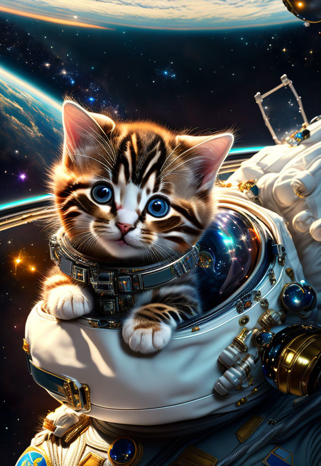 Tabby kitten with blue eyes in astronaut suit against Earth backdrop