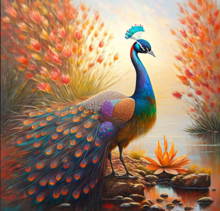 Colorful peacock with elaborate tail by serene pond