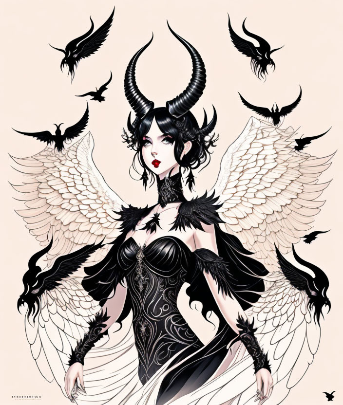 Illustrated female figure with horns and wings in gothic outfit among flying crows