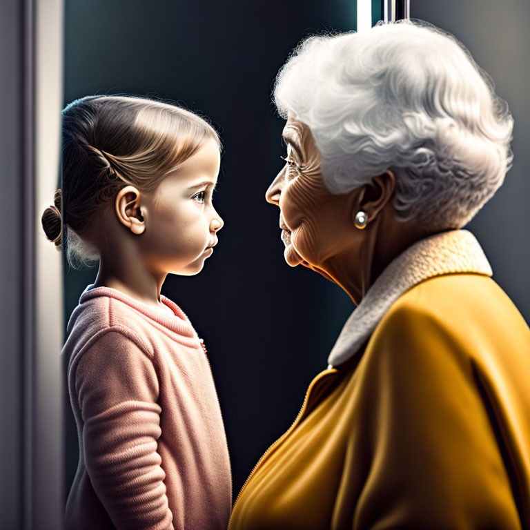 Young girl and elderly woman in profile, portraying contrast of youth and age.