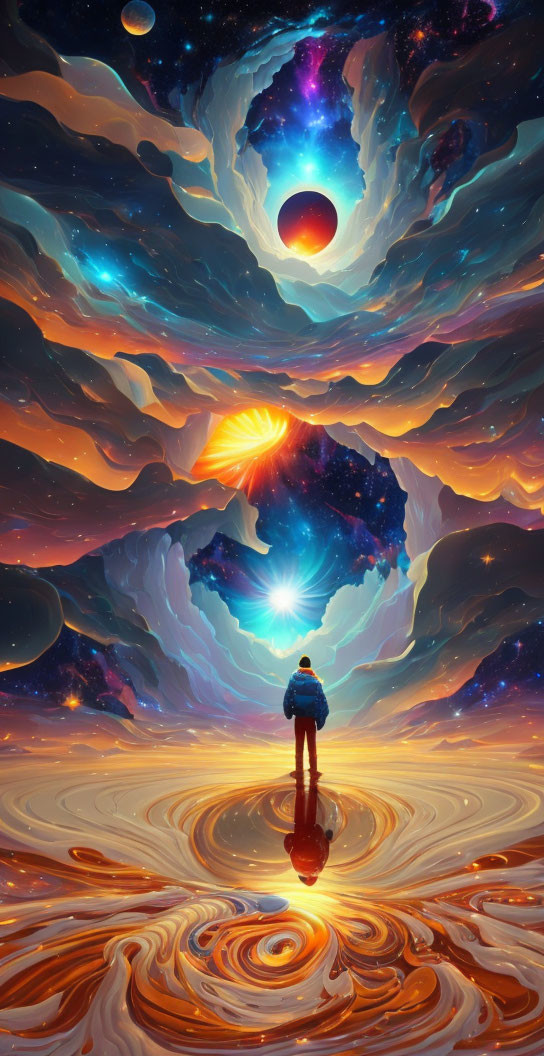 Surreal vortex with vibrant hues and cosmic dreamscape